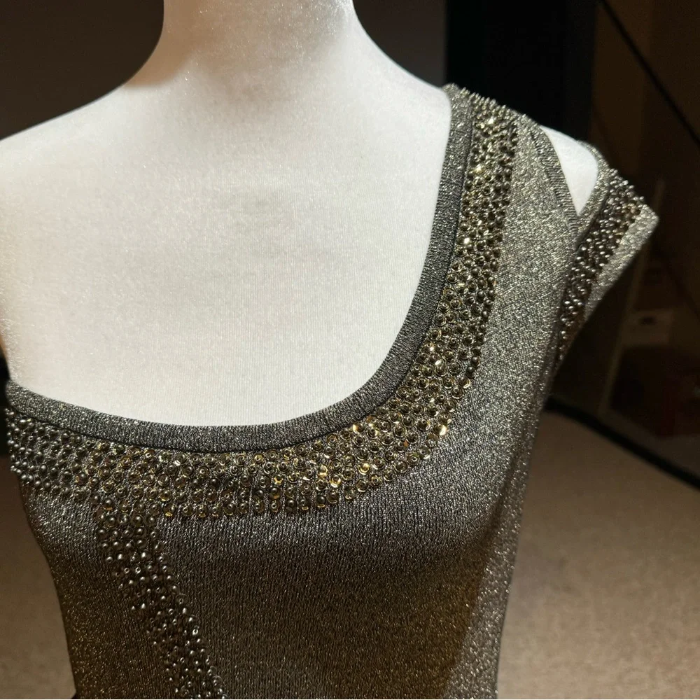NWT Bebe One Shoulder Metallic Gold Cocktail Boutique Dress Size Large - Picture 7 of 11
